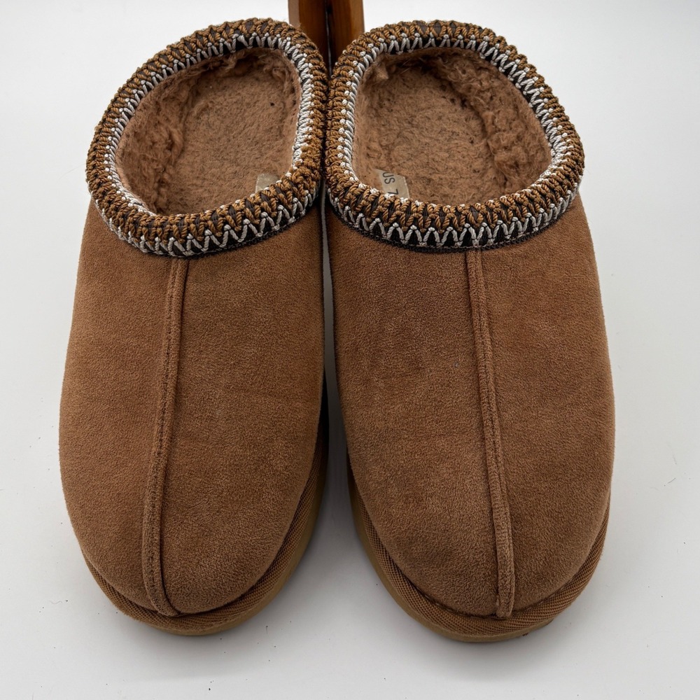 Suede Clog Slippers Size 7 Brown Embroidered Collar Trim Faux Fur Lined Mule